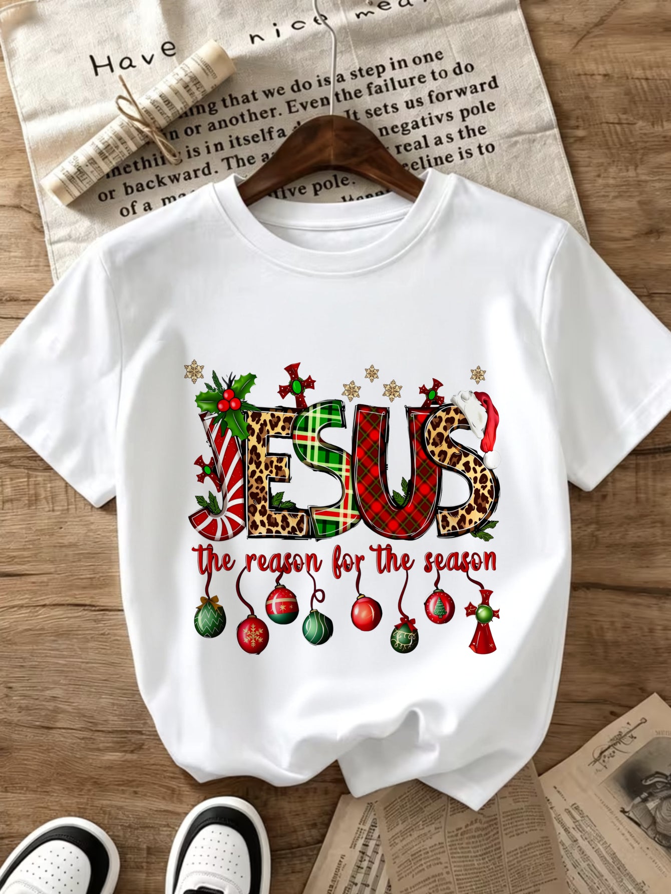 Women's Jesus The Reason For The Season Christmas Graphic Crew Neck Short Sleeve T-Shirt, Leopard Plaid Holiday Tee