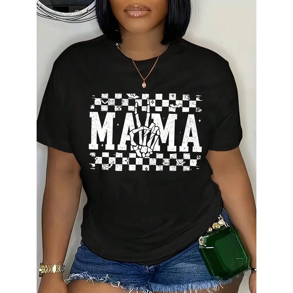 Plus Size T-Shirt Mama Checkered Print Graphic Tee Women Casual Streetwear 220g