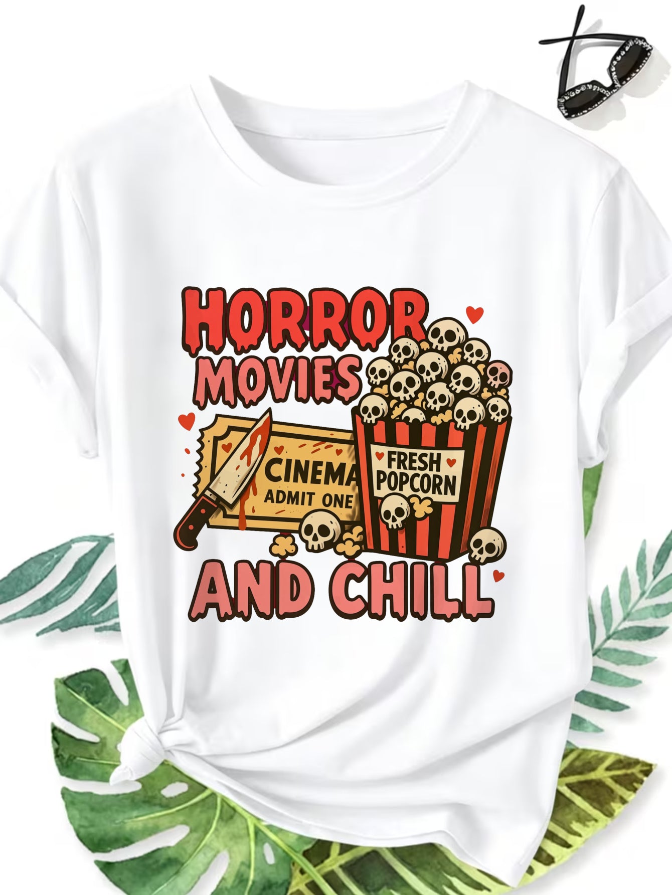 Women Horror Movies And Chill Graphic T-Shirt Halloween Scary Movie Popcorn Skull Short Sleeve Tee