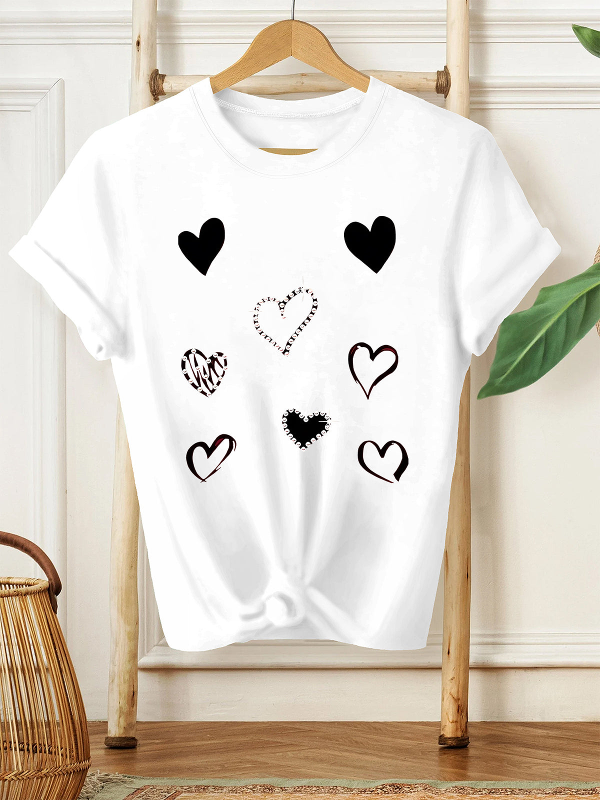 Love Pattern T-Shirt, Women's Casual Short Sleeve Top, Summer Fashion Printed Tee, Elegant Regular & Plus Size Fit