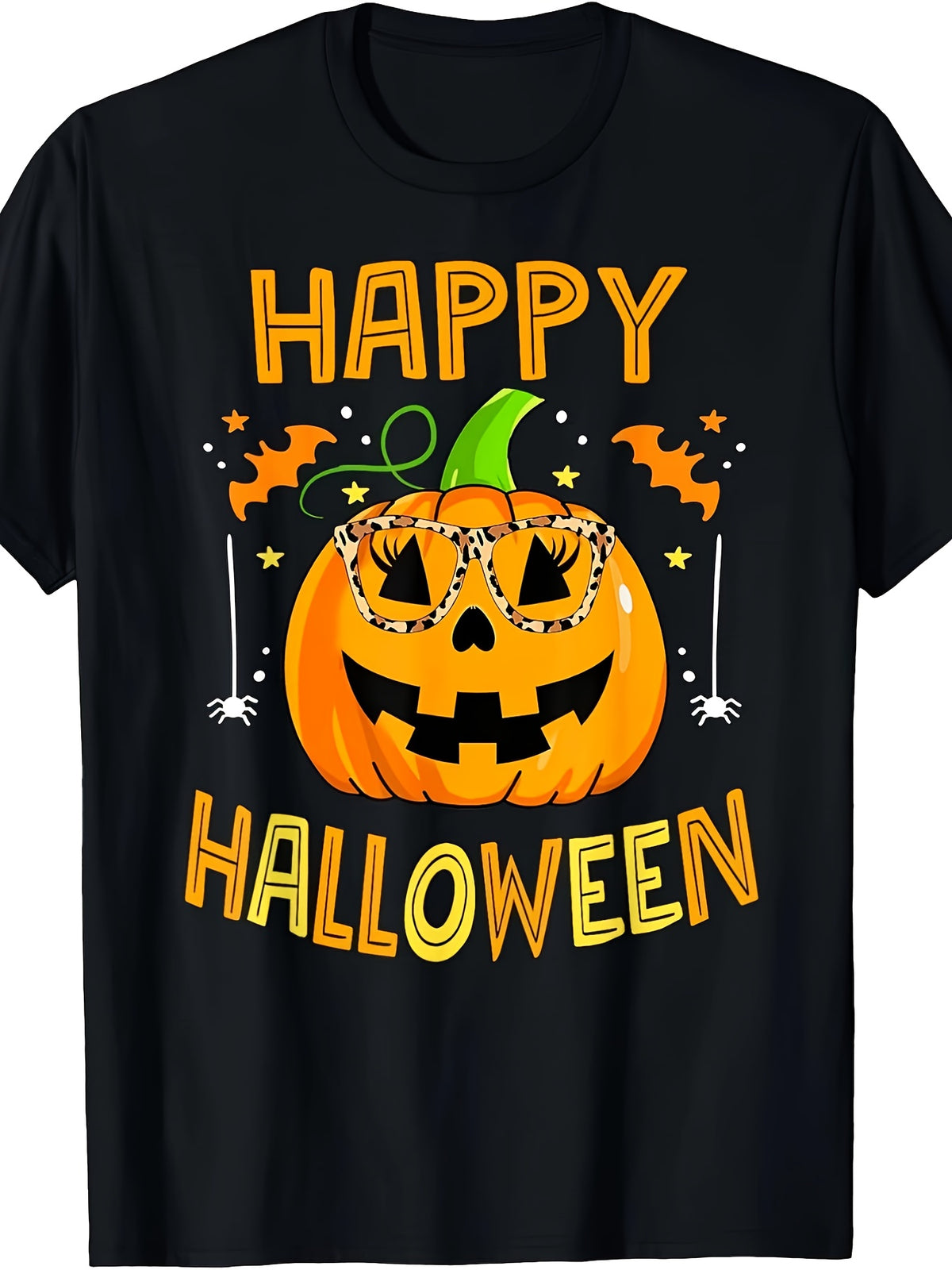 Happy Jack O Lantern Leopard Print Glasses Spider Web Halloween Graphic Tee for Men Women, Cute Spooky Pumpkin Short Sleeve T-Shirt, Casual Crew Neck Top for Halloween Gift