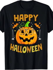 Happy Jack O Lantern Leopard Print Glasses Spider Web Halloween Graphic Tee for Men Women, Cute Spooky Pumpkin Short Sleeve T-Shirt, Casual Crew Neck Top for Halloween Gift
