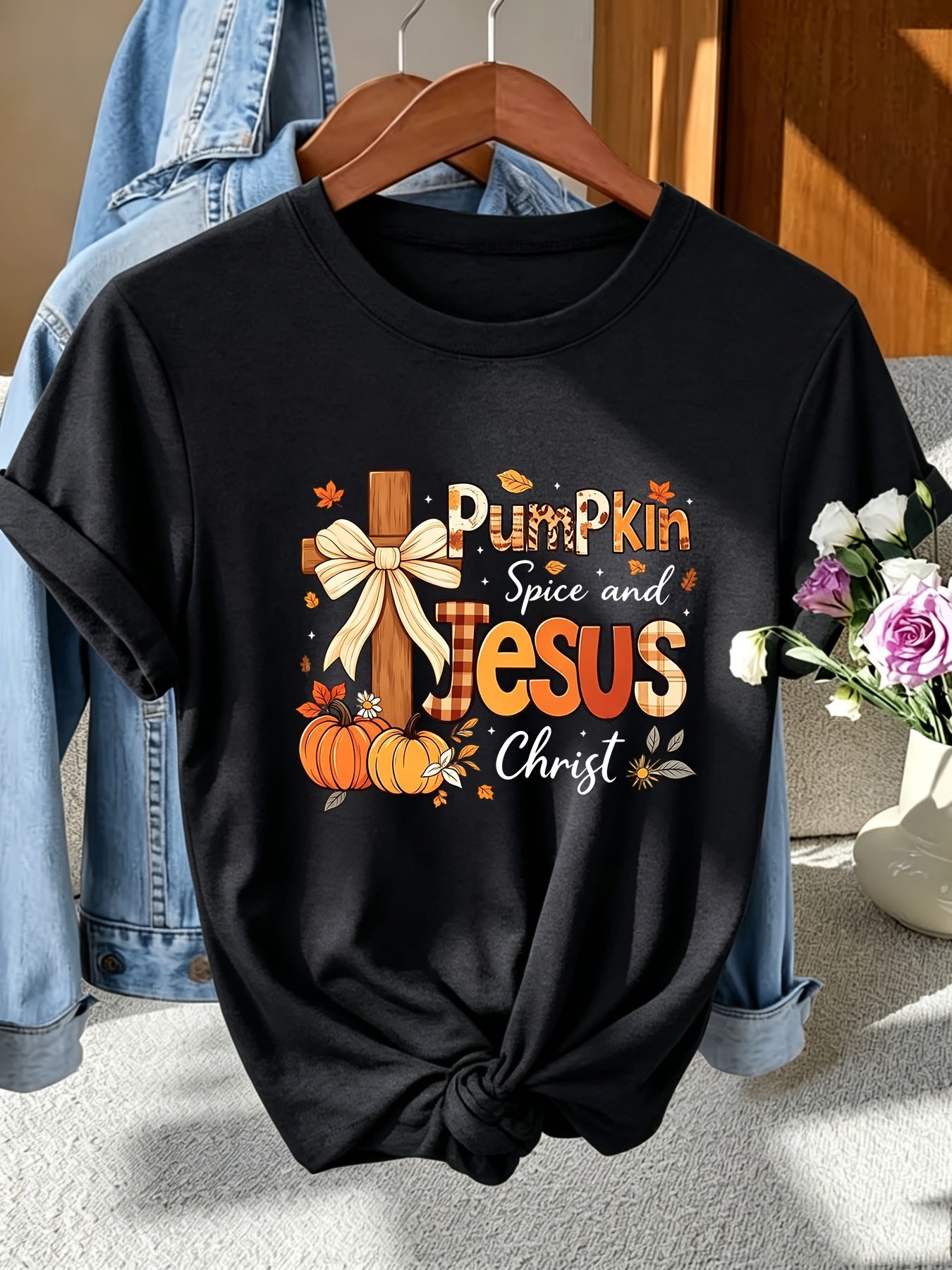 Women Pumpkin Spice and Jesus Christ Cross Graphic T-Shirt, Fall Christian Thanksgiving Casual Tee