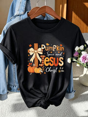 Women Pumpkin Spice and Jesus Christ Cross Graphic T-Shirt, Fall Christian Thanksgiving Casual Tee
