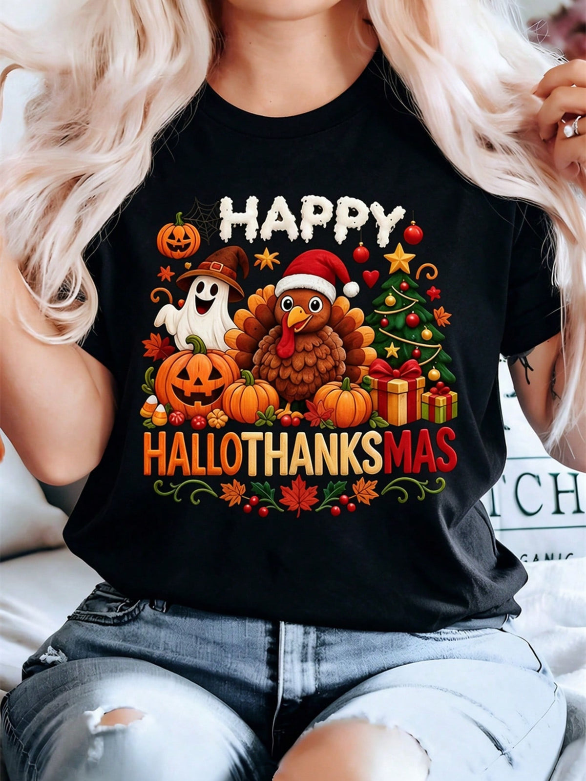 Women's Halloween Print T-Shirt，100% cotton