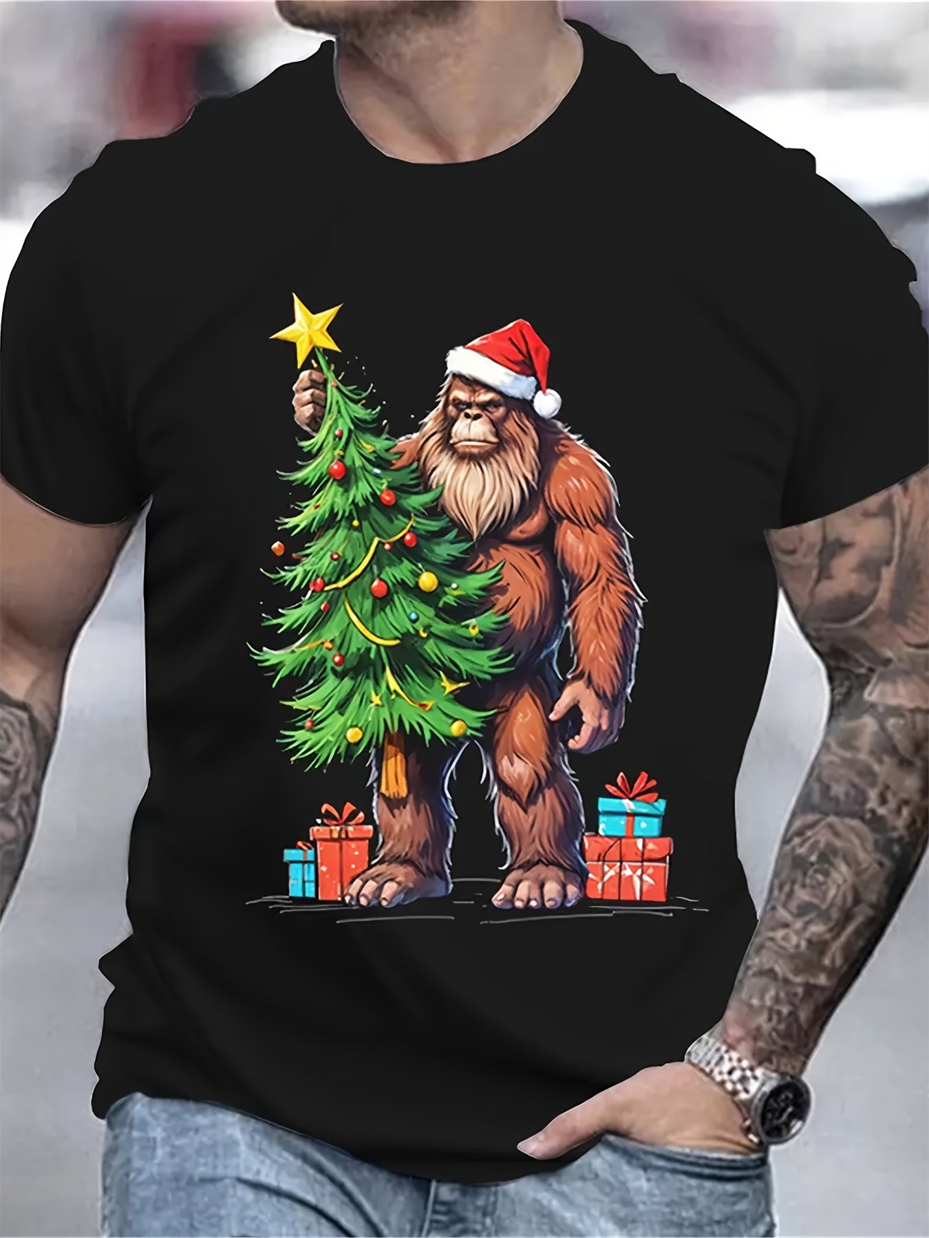 Men'S Fun Christmas Gorilla T-Shirt - Featuring a Sasquatch with a Christmas Hat And Tree Design