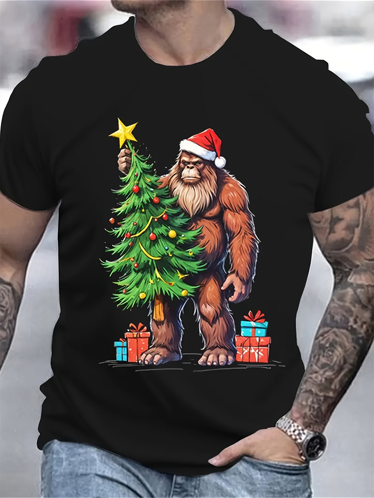 Men'S Fun Christmas Gorilla T-Shirt - Featuring a Sasquatch with a Christmas Hat And Tree Design