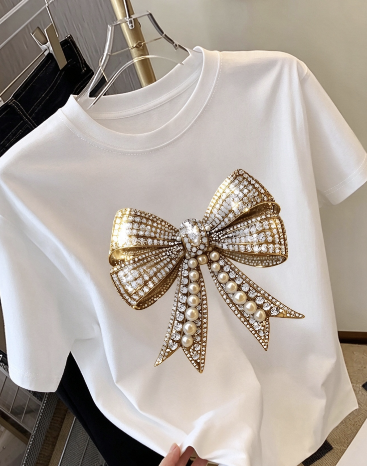 Women's Y2K Bow Print T-Shirt, Short Sleeve Round Neck Top, Sparkling Decorative Pattern Casual Blouse for Spring Summer