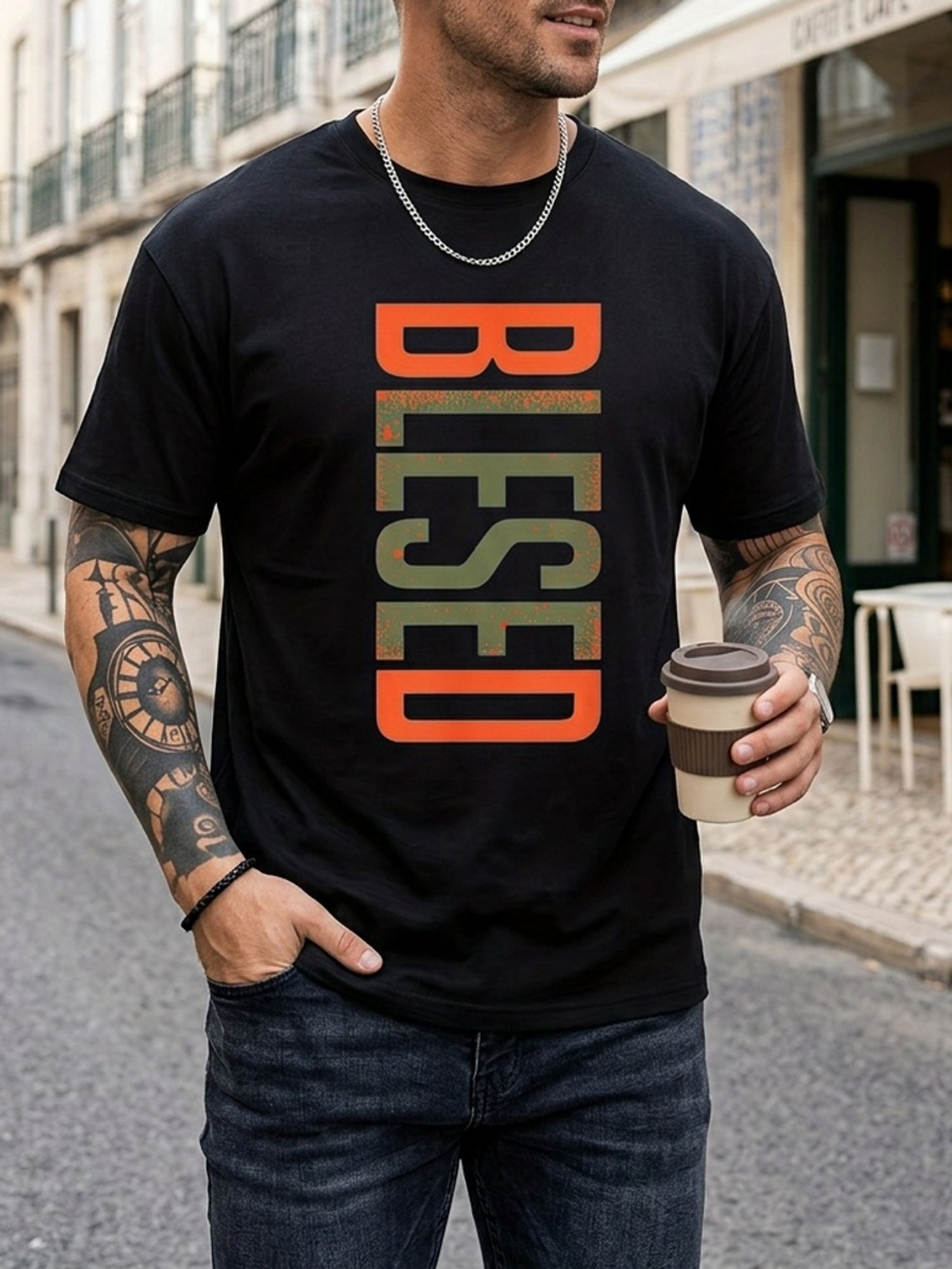 Men's BLESSED 3D Printed T-Shirt- Bold Geometric Letters