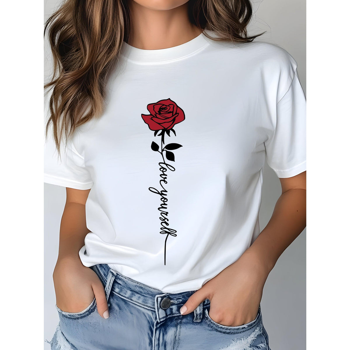 Red Rose Graphic Print T-Shirt For Women Casual Short Sleeve Tee 1 Pcs 100% Heavy Cotton - Comfortable Crew Neck, Soft Adorable Tees Tops