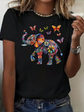 Boho Elephant Graphic Crew Neck Tee Boho Cotton Short Sleeve Top