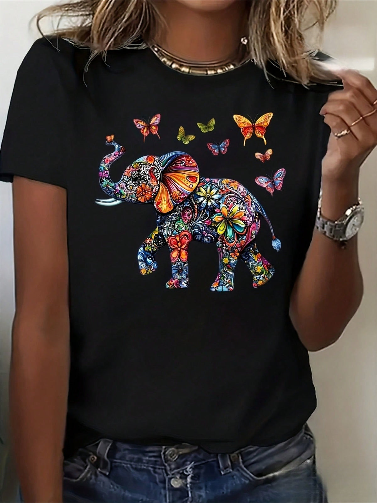 Boho Elephant Graphic Crew Neck Tee Boho Cotton Short Sleeve Top