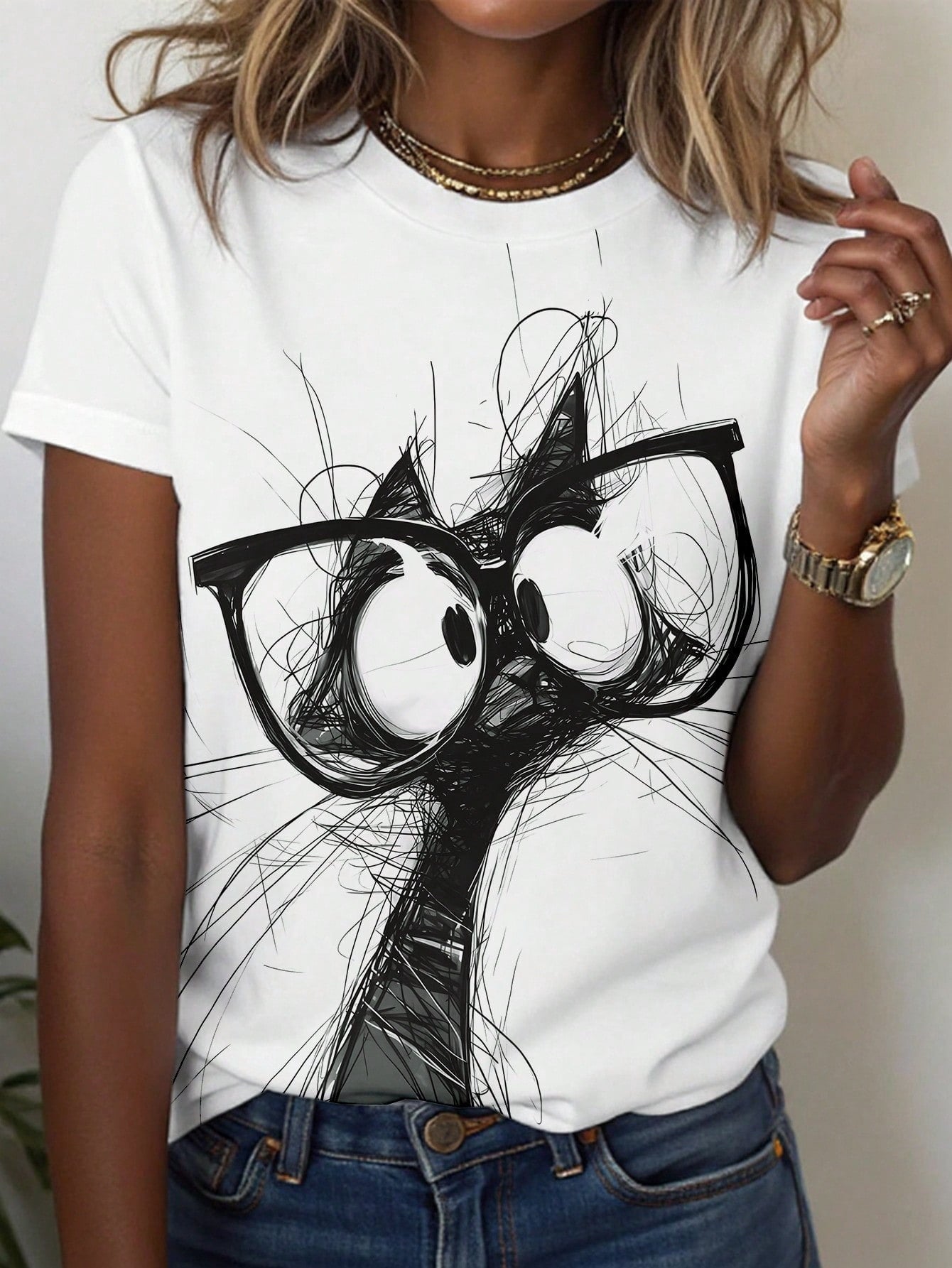EMERY ROSE Cat Graphic Round Neck Tee Casual Versatile Short Sleeve Top