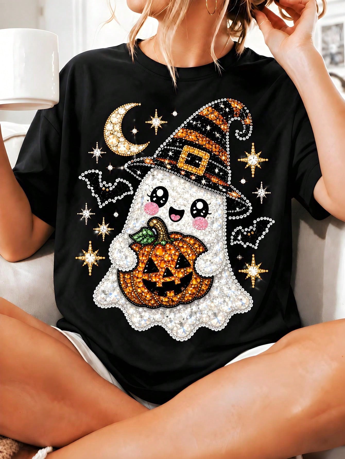 Plus Size Women Halloween Ghost Pumpkin Bow Jack O Lantern Print Crew Neck Short Sleeve Tee