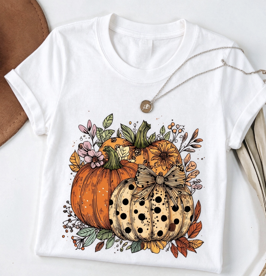 Floral Pumpkin T-Shirt, Pumpkin Season Shirt, Fall Lover Gift, Women's Casual Autumn Graphic Tee, Halloween And Thanksgiving Top