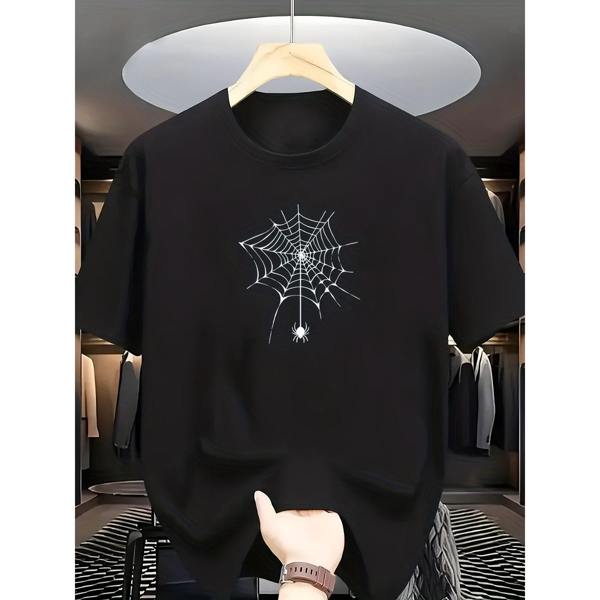 Gothic Spider Web & Spider Print T-Shirt - White Casual Short Sleeve Round Neck Tee with Black & Grey Web Design, Edgy Dark Theme Summer Top