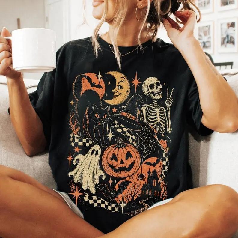 Retro Halloween Shirt, Vintage Black Cat Ghost Skeleton T-Shirt, Spooky Cute Pumpkin Witch Graphic Tee