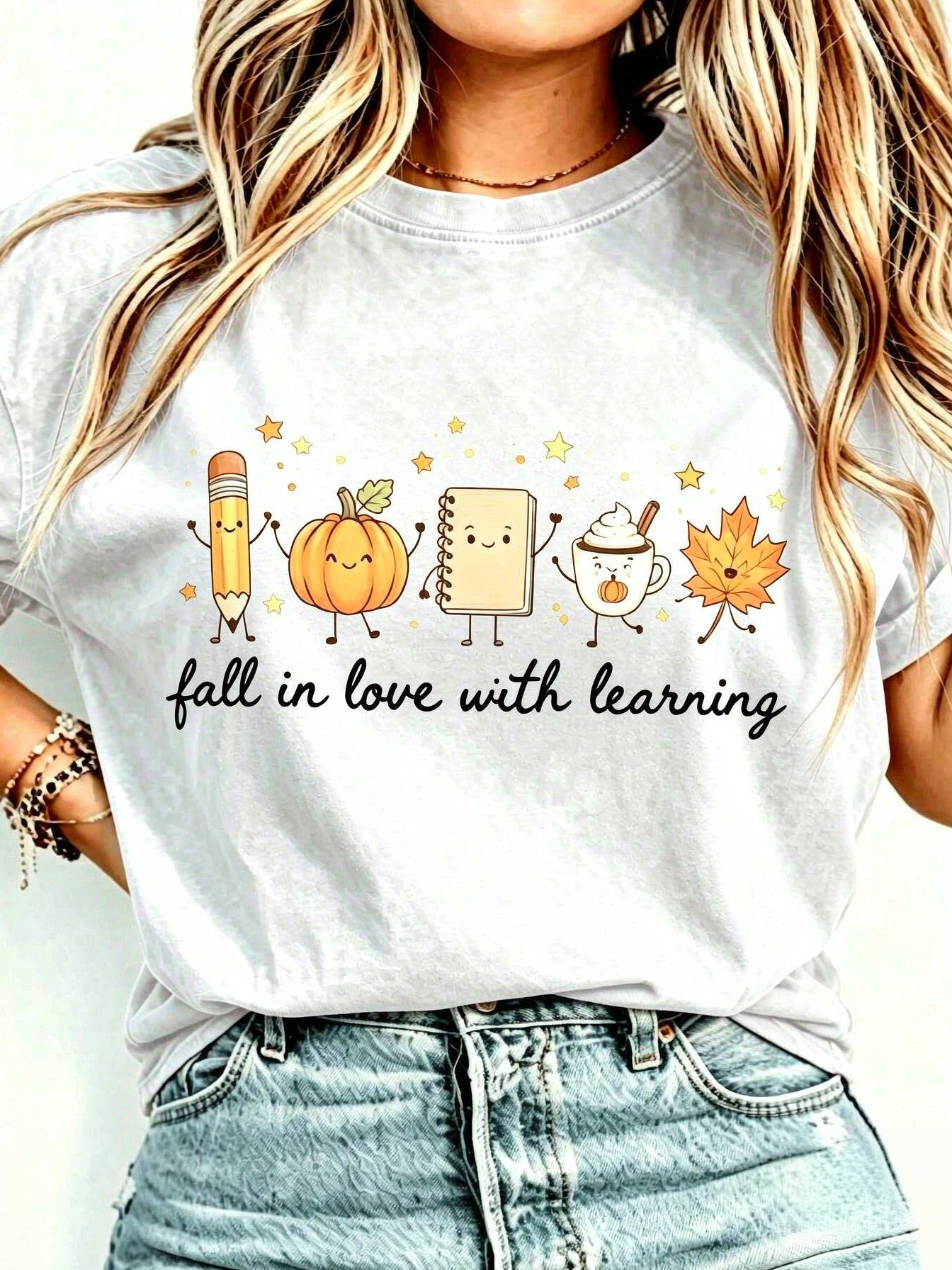 Fall Teacher Graphic Tee for Women, Fall in Love with Learning Pumpkin Spice Coffee Maple Leaf Back to School Short Sleeve T-Shirt