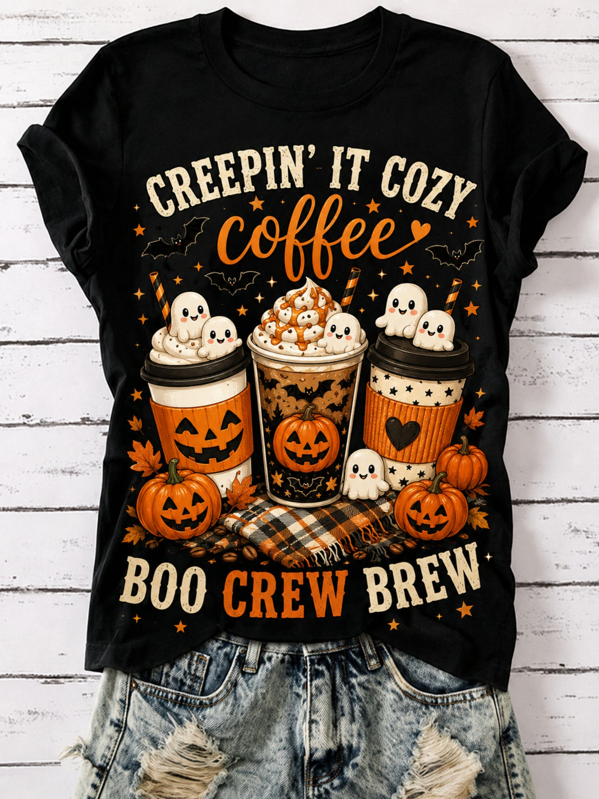 Men And Women Halloween Boo Crew Coffee Graphic Crew Neck Short Sleeve T-Shirt