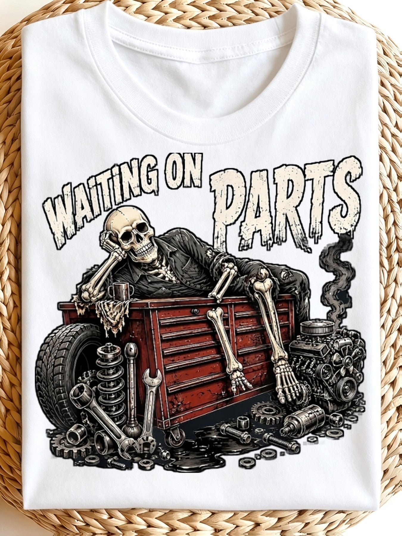 Funny Graphic Men'S T-Shirt, Waiting for Parts Skeleton Mechanic Graphic Tees