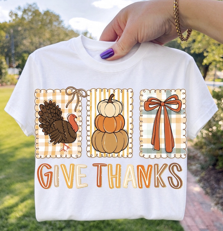 Coquette Give Thanks Thanksgiving T-Shirt, Women's Fall Graphic Tee, Whimsical Three-Frame Bow Pumpkin Turkey Casual Top