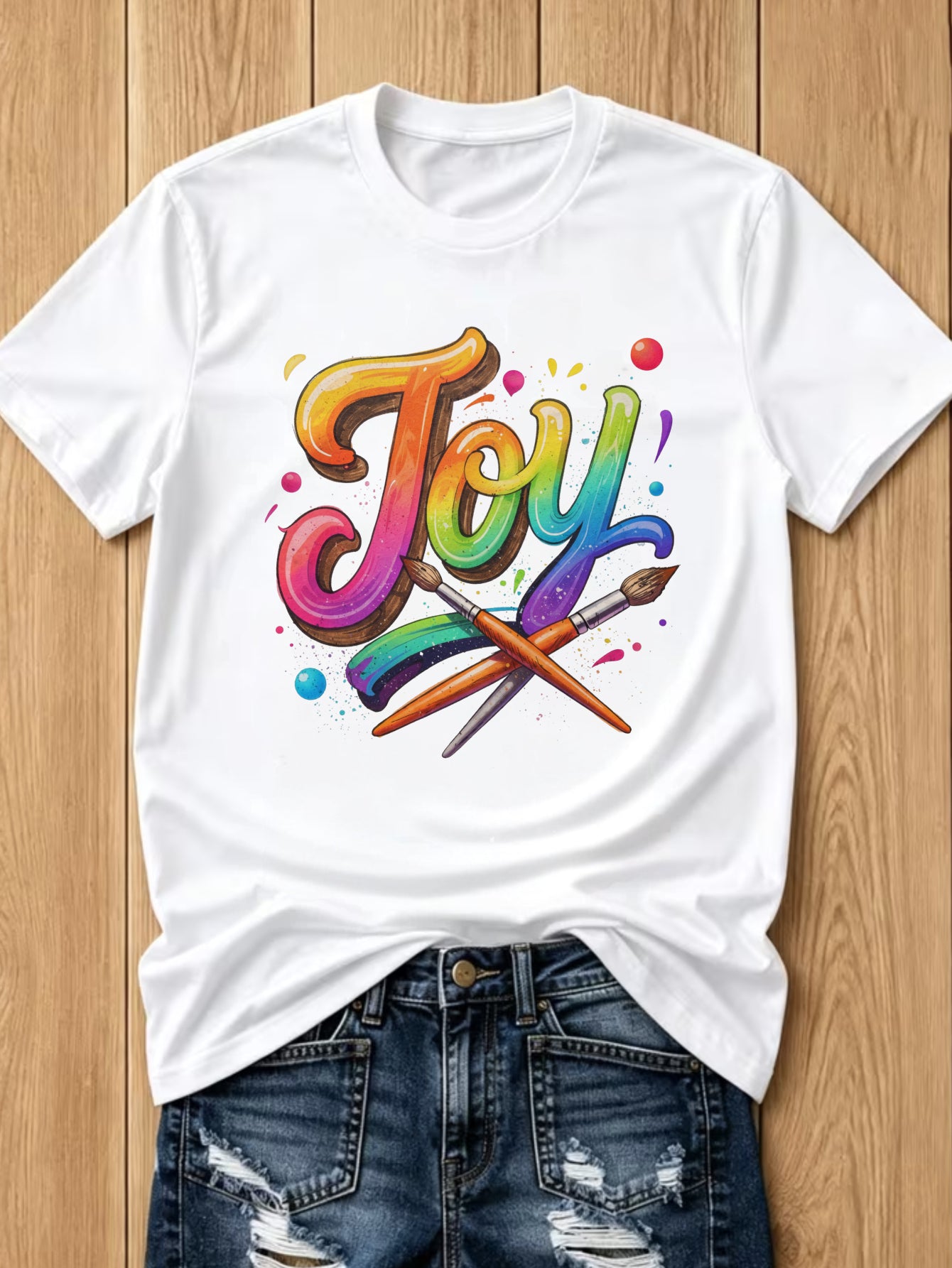 Women Rainbow Joy Art Paint Brush Graphic T-Shirt, Colorful Creative Artist Crew Neck Short Sleeve Casual Tee