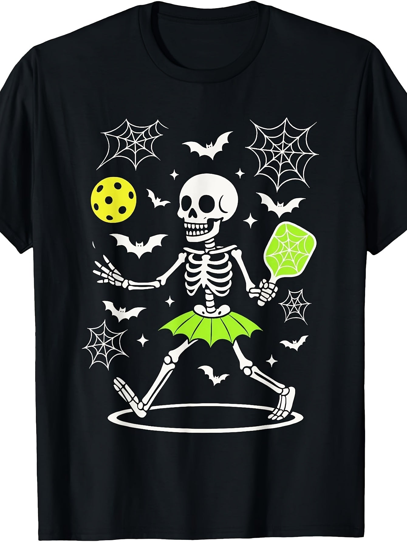 Funny Skeleton Playing Pickleball Spiderweb Paddle Moon Halloween Graphic Tee for Men Women, Cute Spooky Sports Short Sleeve T-Shirt, Casual Crew Neck Top for Pickleball Gift
