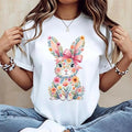 Casual Women s Round Neck Short Sleeve T Shirt Featuring Easter Bunny with Pink Bow and Colorful Swirls Print Perfect for Spring Festivals and Outdoor Leisure