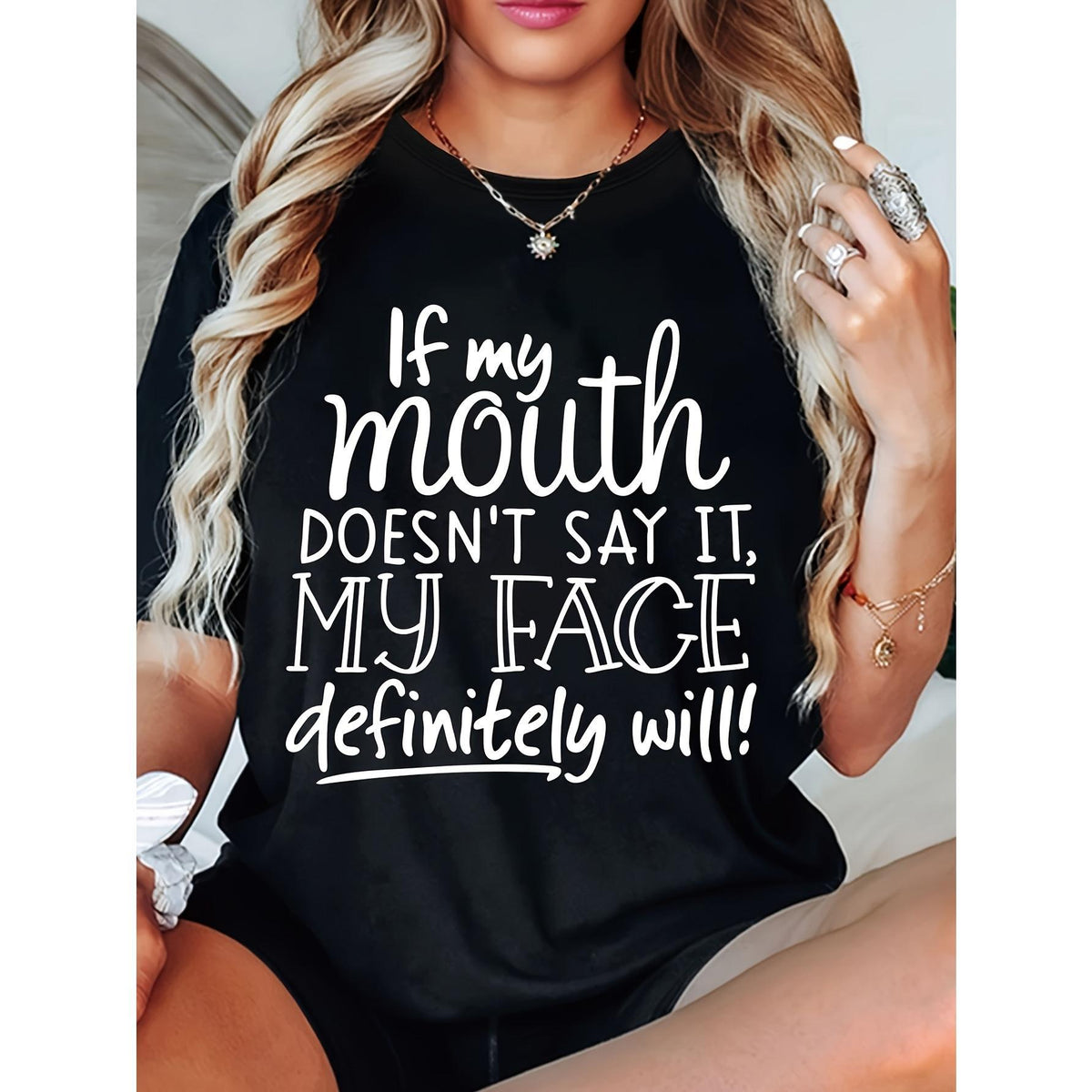 If My Mouth Doesn'T Speak, My Face Surely Will. This Cool And Versatile Round-Neck Top Features a Letter Print