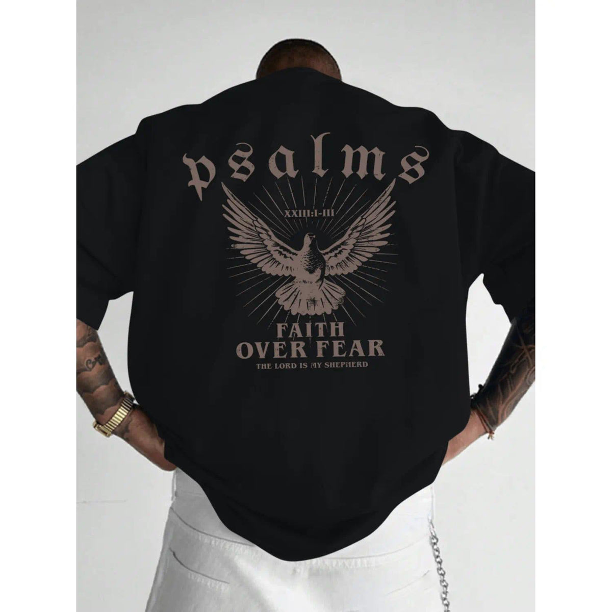 Faith Over Fear T-Shirt With Psalm 93 4 Design Loose Fit Crew Neck Short Sleeve For Men Casual Wear Sports Fan Gift In Glossy Black..