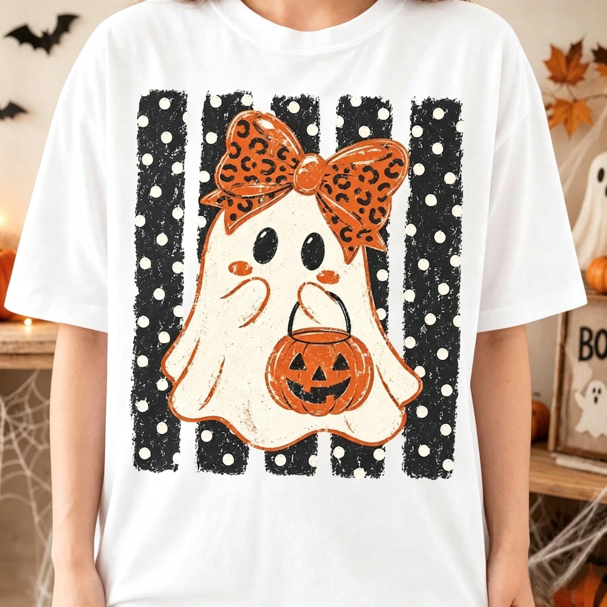Halloween Ghost & Polka Dot Eerie Season, Cute Ghost, Halloween Pumpkin, Aesthetic Girly Style, Distressed Design Women's T-Shirt