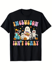 Inclusion Isn't Scary T-Shirt, Funny Halloween Ghost Mummy Graphic Tee, Retro Colorful Casual Short Sleeve Top