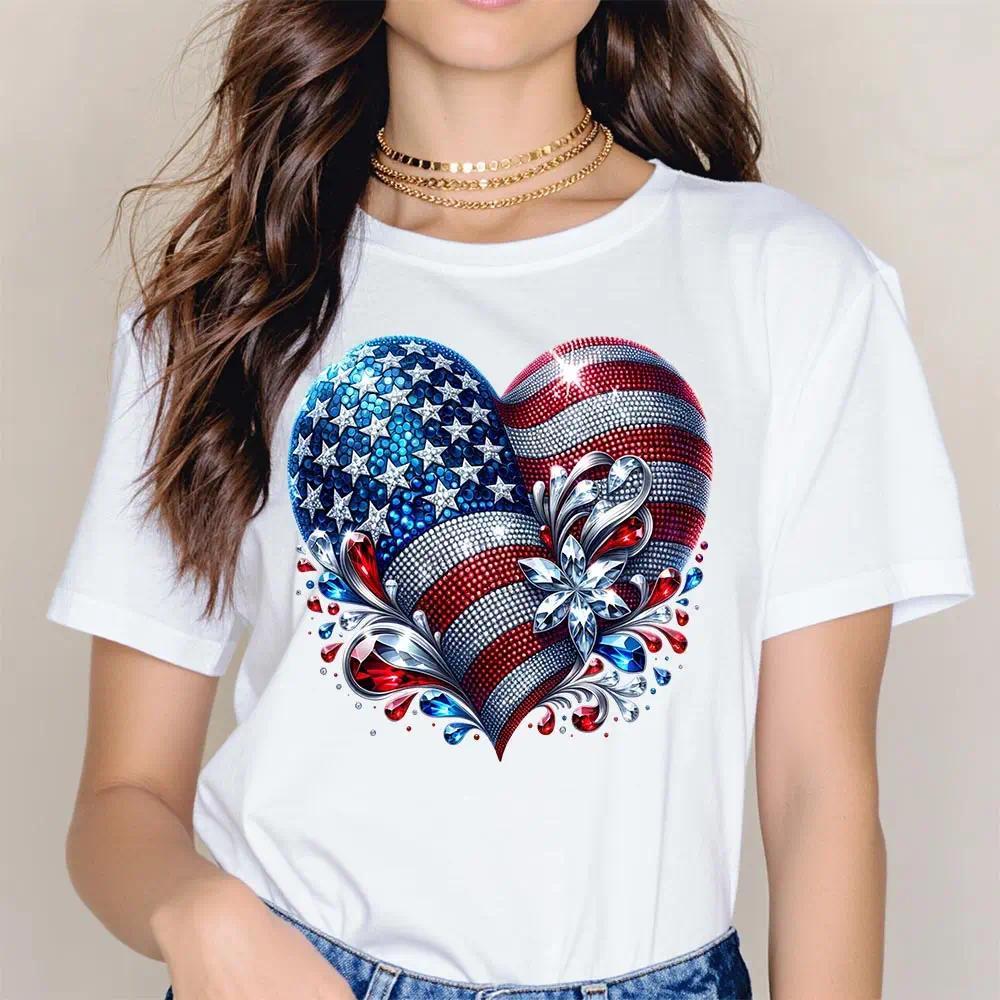 American Flag Heart Design Cotton Casual Crew Neck Short Sleeve Regular Sleeve Summer T-Shirt Machine Washable Not Dry Clean Made In USA