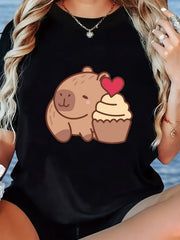 Capybara Graphic Crew Neck Tee Stretch Breathable Summer Short Sleeve Top