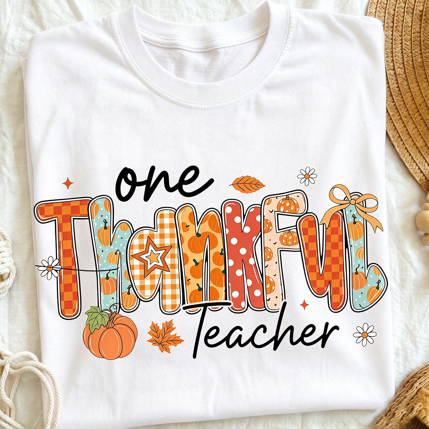 Women One Thankful Teacher Pumpkin Fall Graphic T-Shirt, Thanksgiving Teacher Gift Short Sleeve Tee
