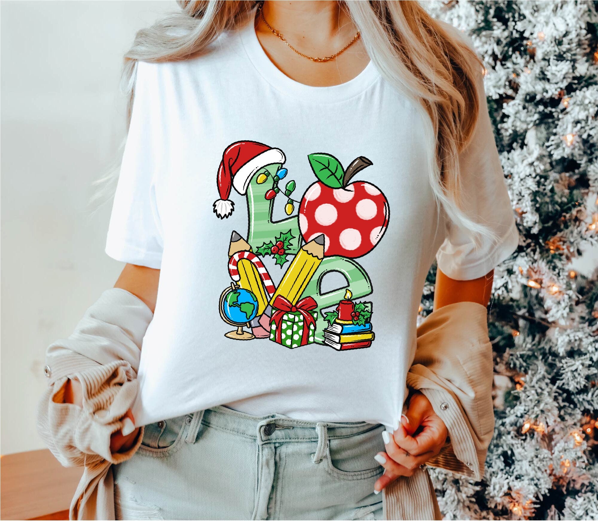 Christmas Teacher Love T-Shirt, Cute Christmas LOVE Teacher Shirt, Apple Pencil Graphic Tee, Holiday Teacher Gift