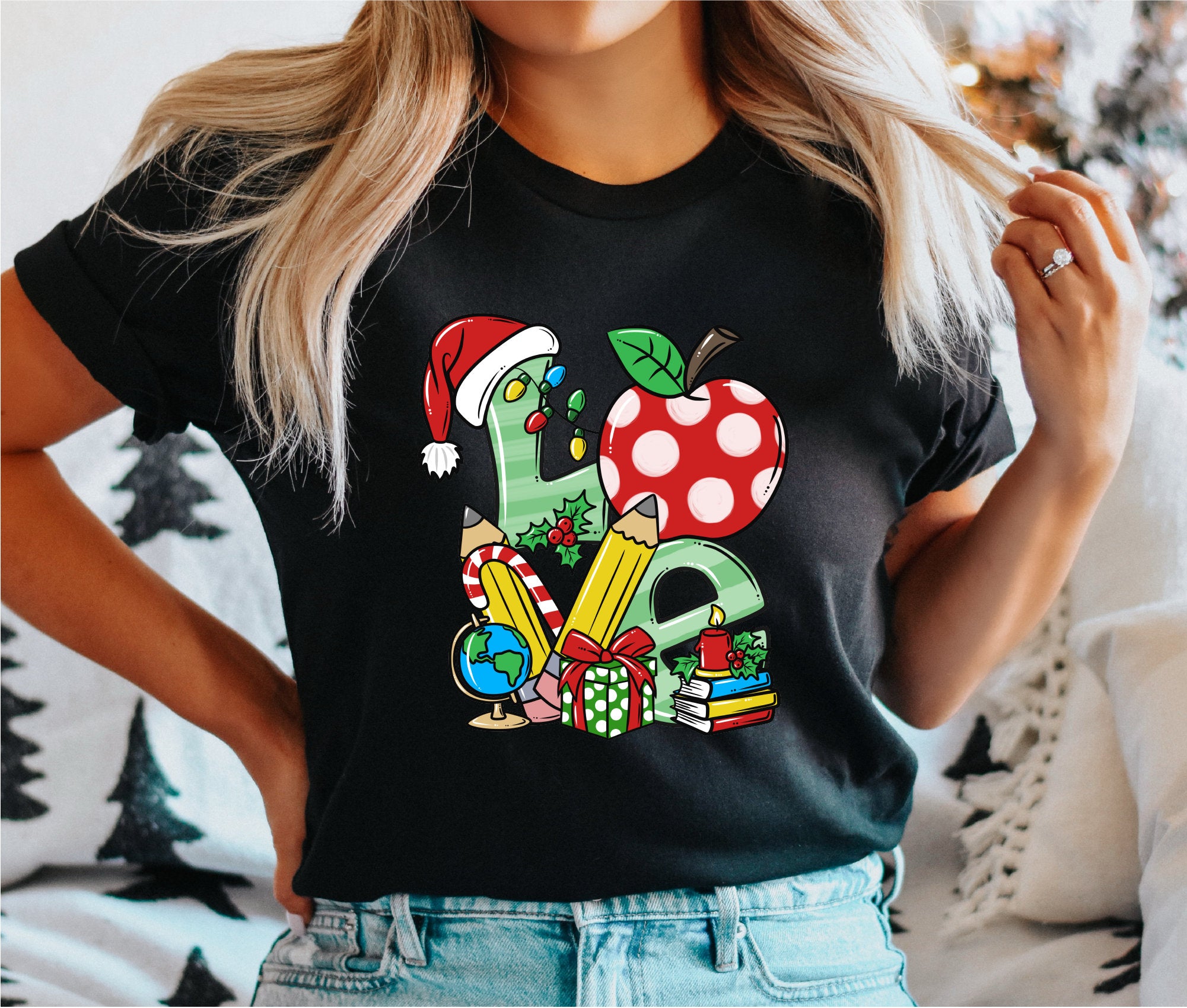Christmas Teacher Love T-Shirt, Cute Christmas LOVE Teacher Shirt, Apple Pencil Graphic Tee, Holiday Teacher Gift