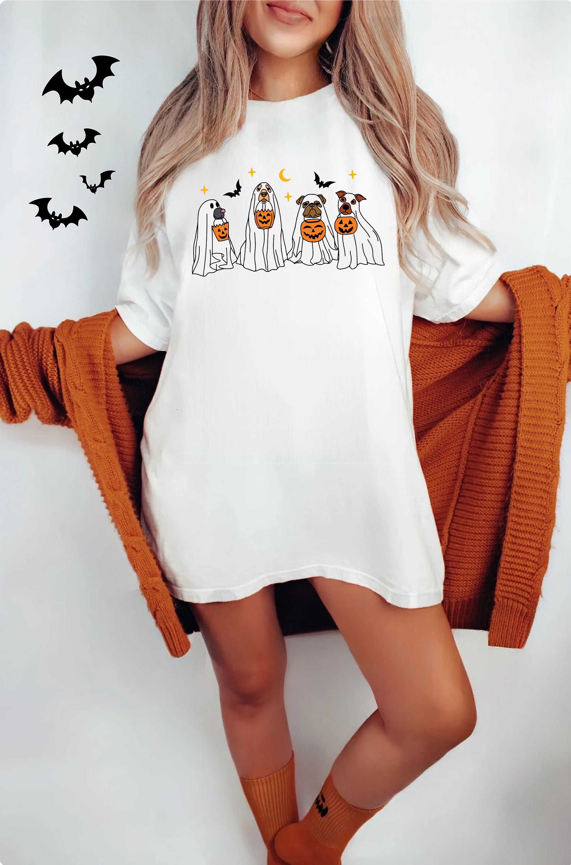 Cute Ghost Dog Halloween T-Shirt, Spooky Season Dog Lover Graphic Tee, Casual Crew Neck Short Sleeve Fall Top for Women