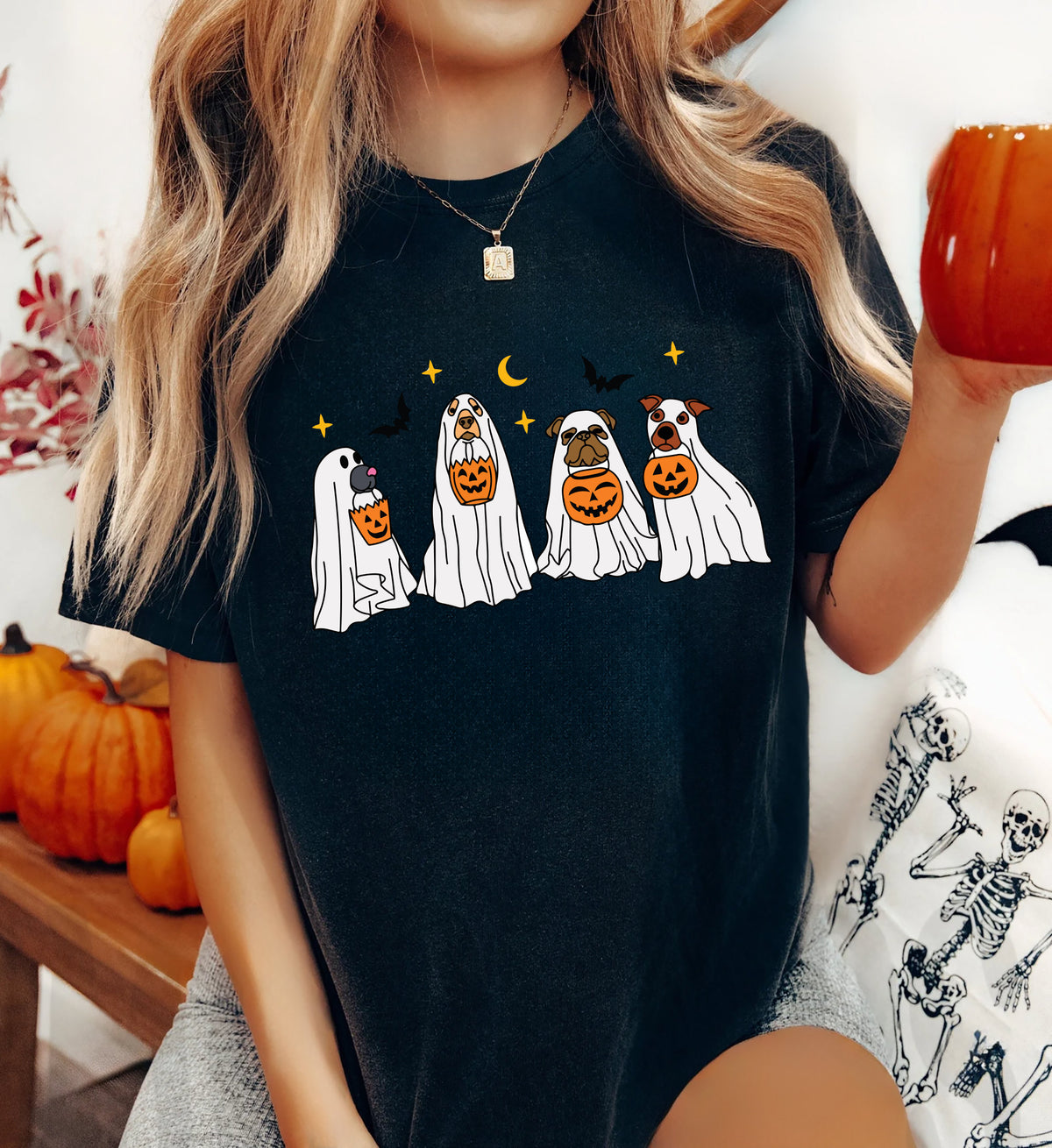 Cute Ghost Dog Halloween T-Shirt, Spooky Season Dog Lover Graphic Tee, Casual Crew Neck Short Sleeve Fall Top for Women