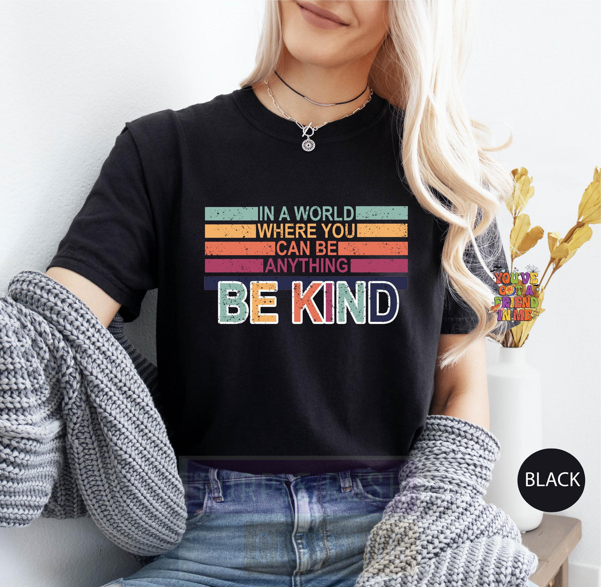 Women's Retro Striped Be Kind Graphic T-Shirt, "In A World Where You Can Be Anything Be Kind" Crew Neck Short Sleeve Casual Teacher Top