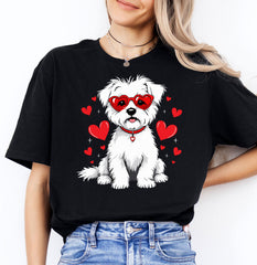 Women's Westie Dog Heart Sunglasses Graphic Crew Neck Short Sleeve T-Shirt, Cute Pet Lover Casual Tee