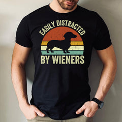 Men's Easily Distracted by Wieners T-Shirt, Funny Retro Dachshund Wiener Dog Graphic Tee, Casual Dog Lover Short Sleeve Top