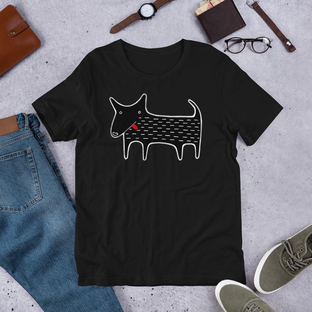 Black Dog Graphic T-Shirt, Kawaii Folk Art Animal Print Tee, Whimsical Funny Dog Lover Gift, Casual Crew Neck Short Sleeve Top