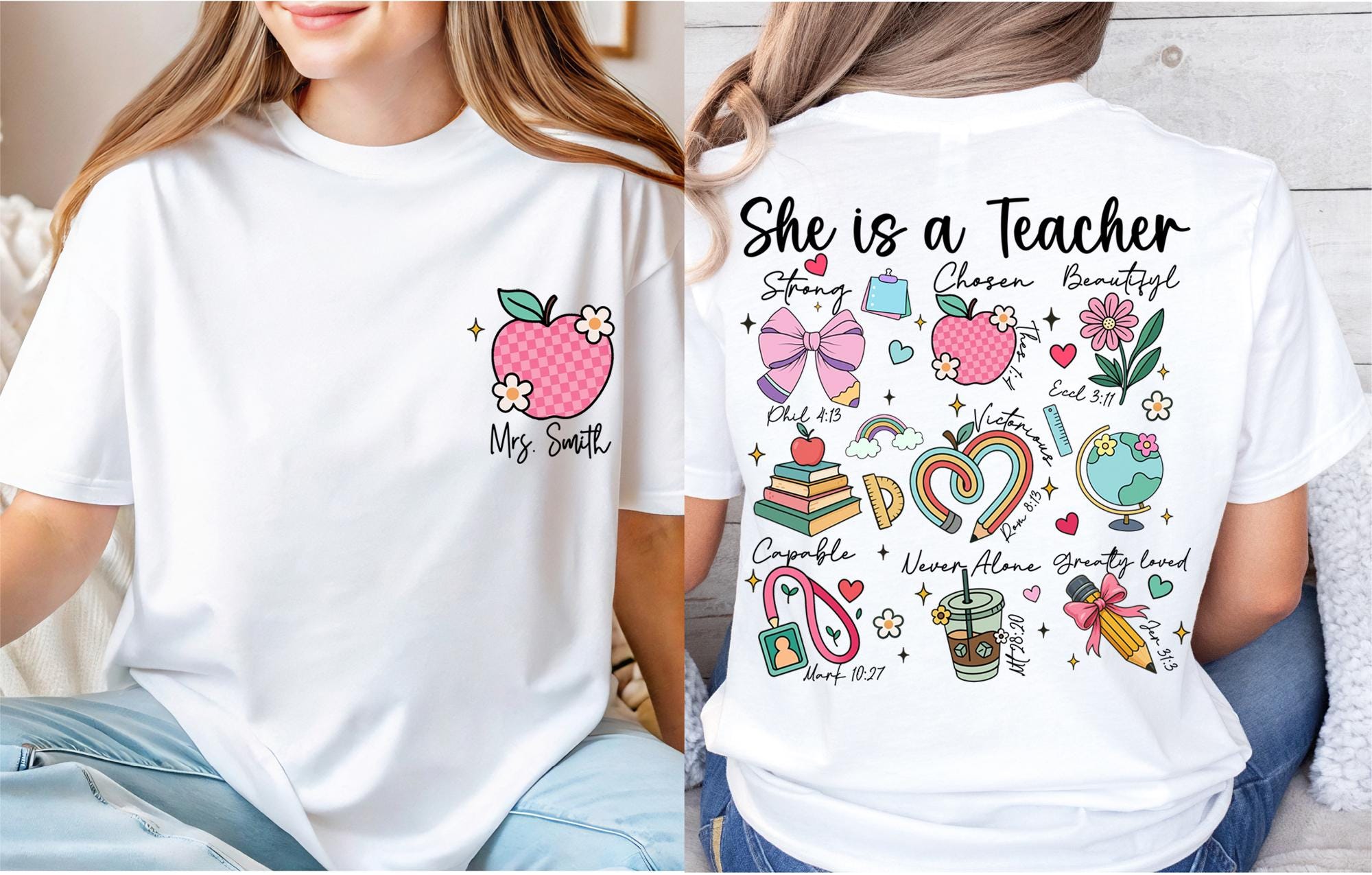 Christian Teacher T-Shirt, “She is A Teacher” Inspirational Religious Faith Graphic Tee for Women, Short Sleeve Crew Neck Casual Top