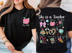 Christian Teacher T-Shirt, “She is A Teacher” Inspirational Religious Faith Graphic Tee for Women, Short Sleeve Crew Neck Casual Top
