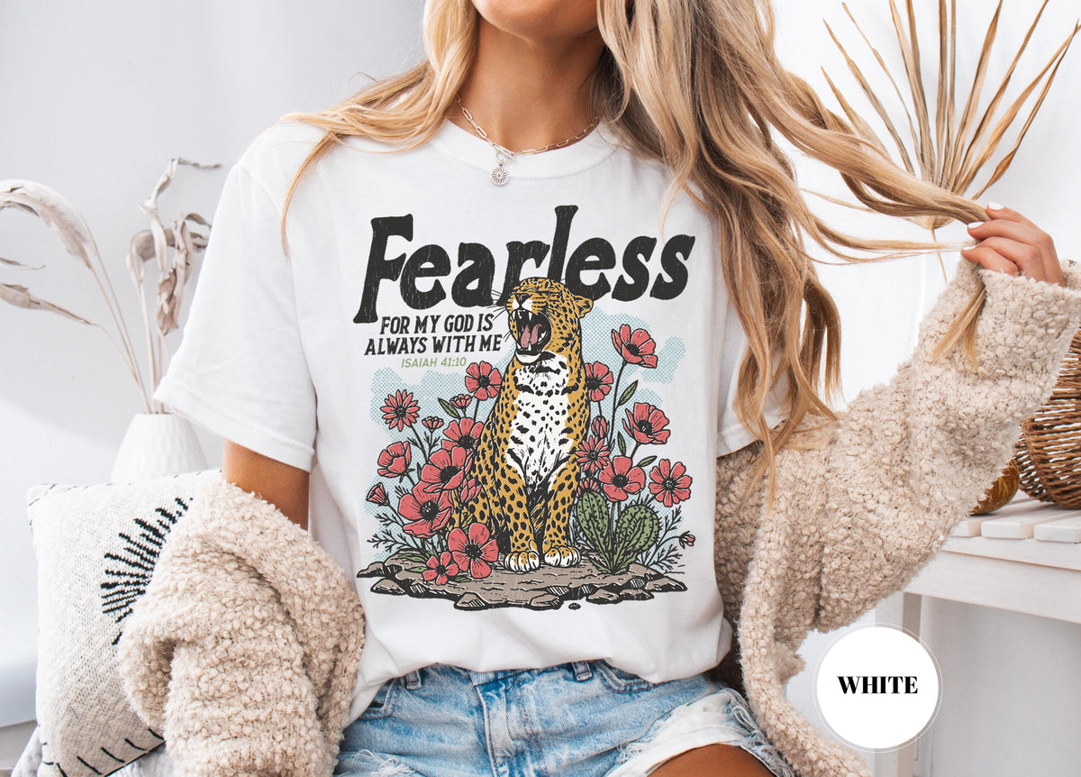 Fearless Christian T-Shirt, Isaiah 41:10 Bible Verse Leopard Floral Graphic Tee, Faith Based Religious Top, Inspirational Gift for Women