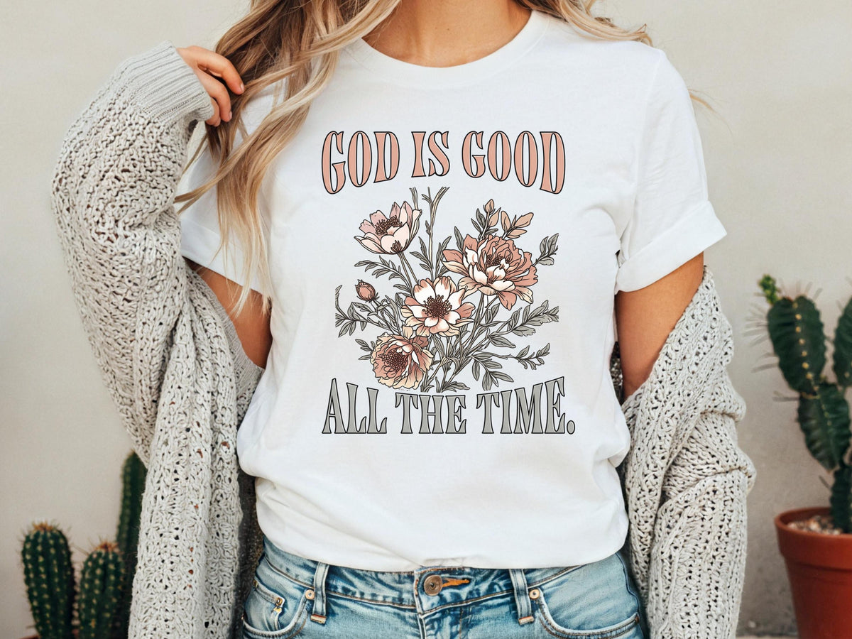 Women's God Is Good All The Time Floral Christian Faith T-Shirt, Inspirational Religious Crew Neck Short Sleeve Top, Casual Summer Graphic Tee