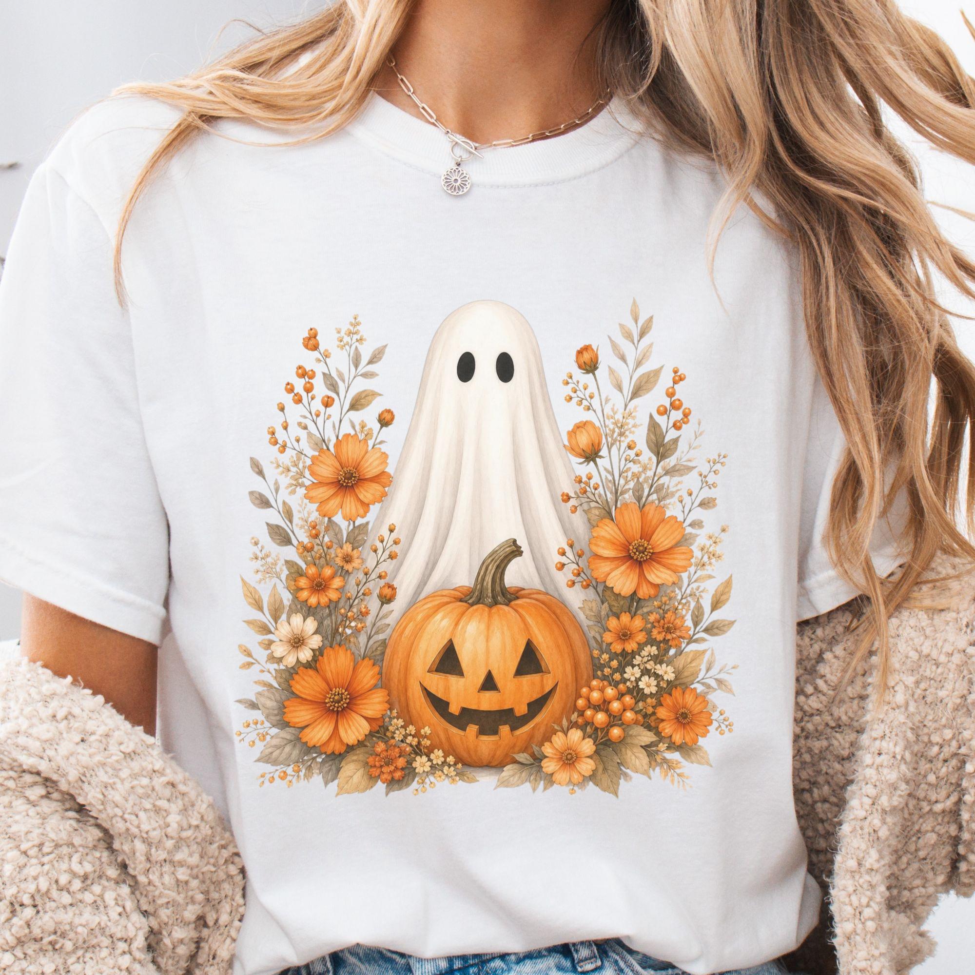 Women's Floral Ghost Pumpkin Halloween T-Shirt, Cute Spooky Orange Flower Graphic Tee, Fall Casual Short Sleeve Crew Neck Top, Gift for Women