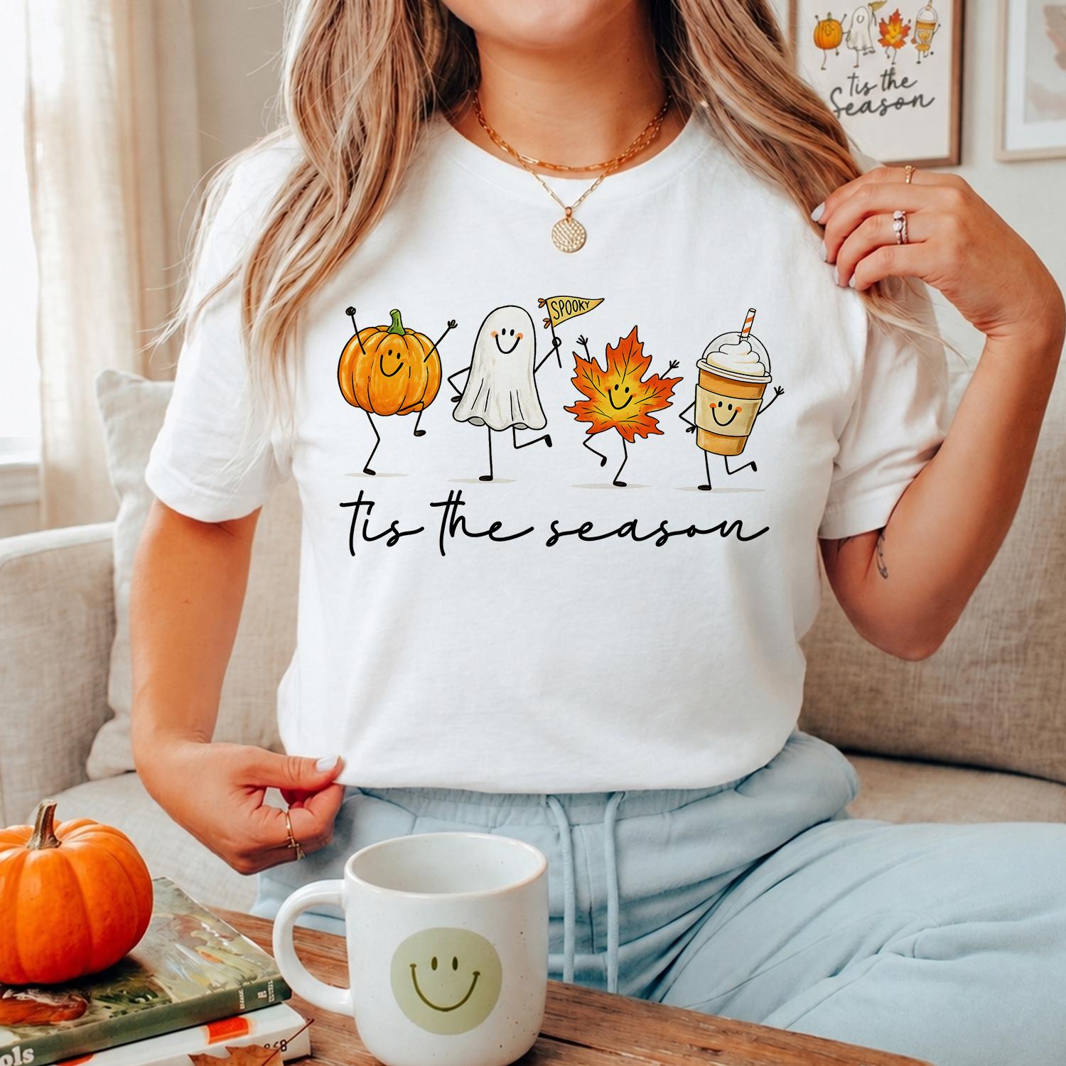 Cozy Season Funny Pumpkin T-Shirt, Tis The Season Fall Graphic Tee, Women's Casual Crew Neck Short Sleeve Top, Spooky Holiday Gift