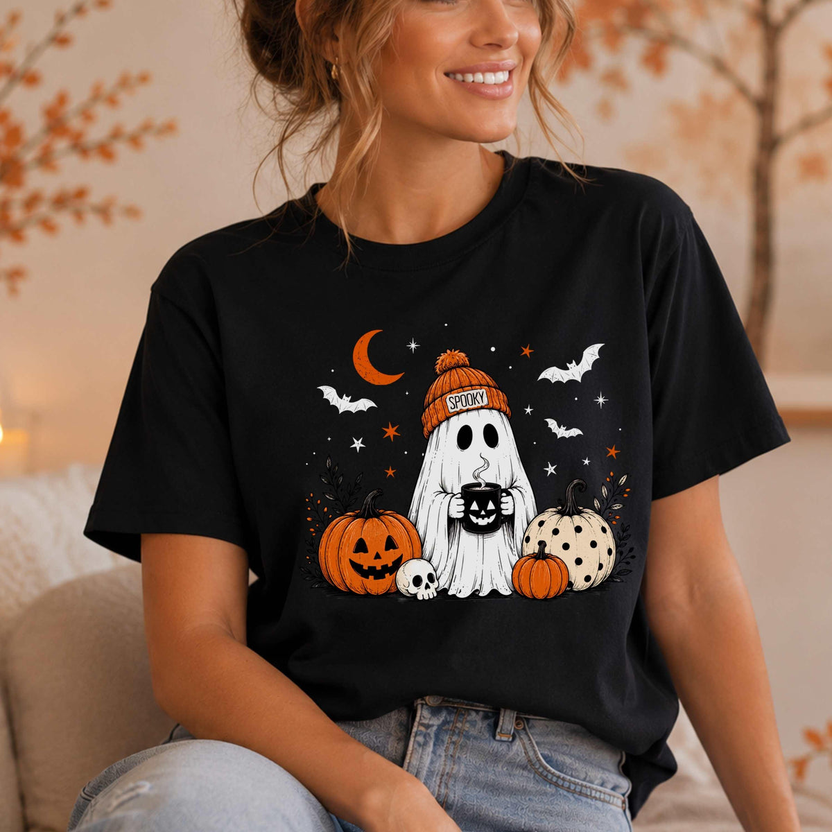 Spooky Ghost Coffee Halloween T-Shirt, Women's Funny Pumpkin Skull Graphic Tee, Autumn Vibes Casual Short Sleeve Top